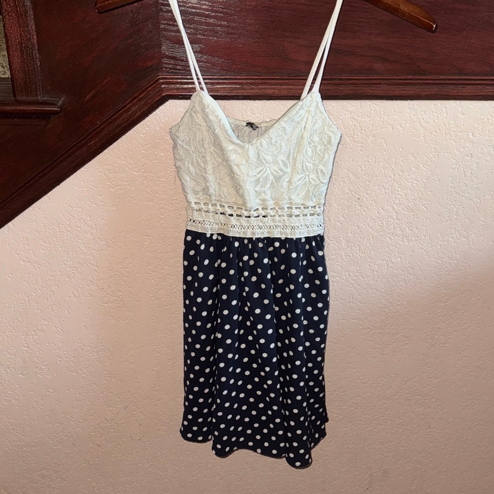 Boutique Women’s Small Elegant White Crochet Lace and Navy Polka Dot Mini Dress